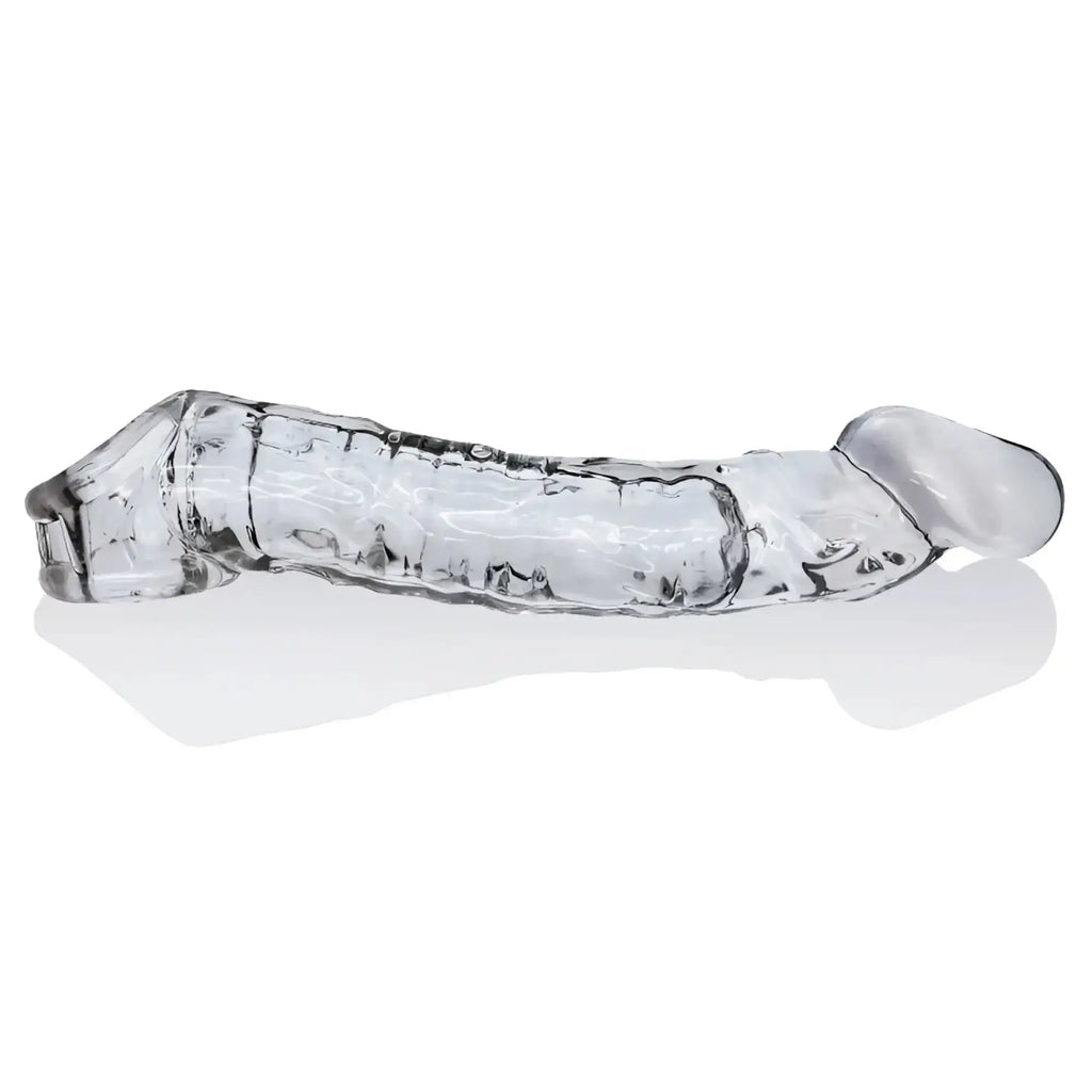 Clear transparent glass dildo oxballs muscle ripped cocksheath with textured surface and rounded head