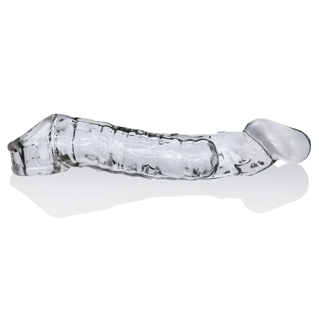 Clear transparent glass dildo oxballs muscle ripped cocksheath with textured surface and rounded head