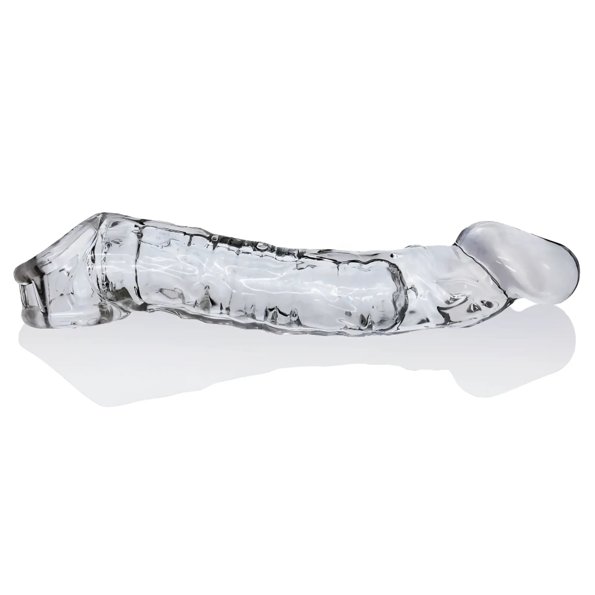 Clear transparent glass dildo oxballs muscle ripped cocksheath with textured surface and rounded head