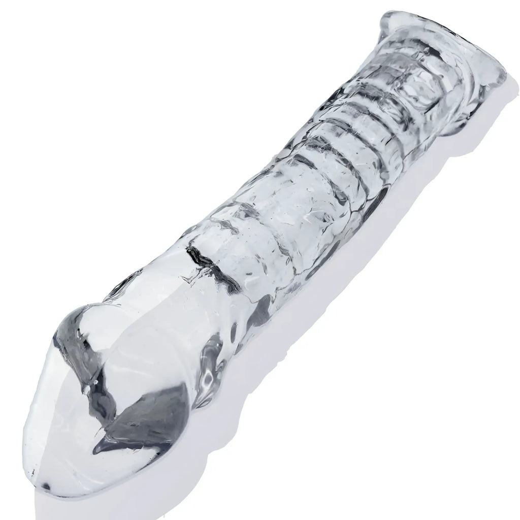 Clear transparent silicone dildo with ribbed texture and tapered head by OxBalls muscle ripped cocksheath clear