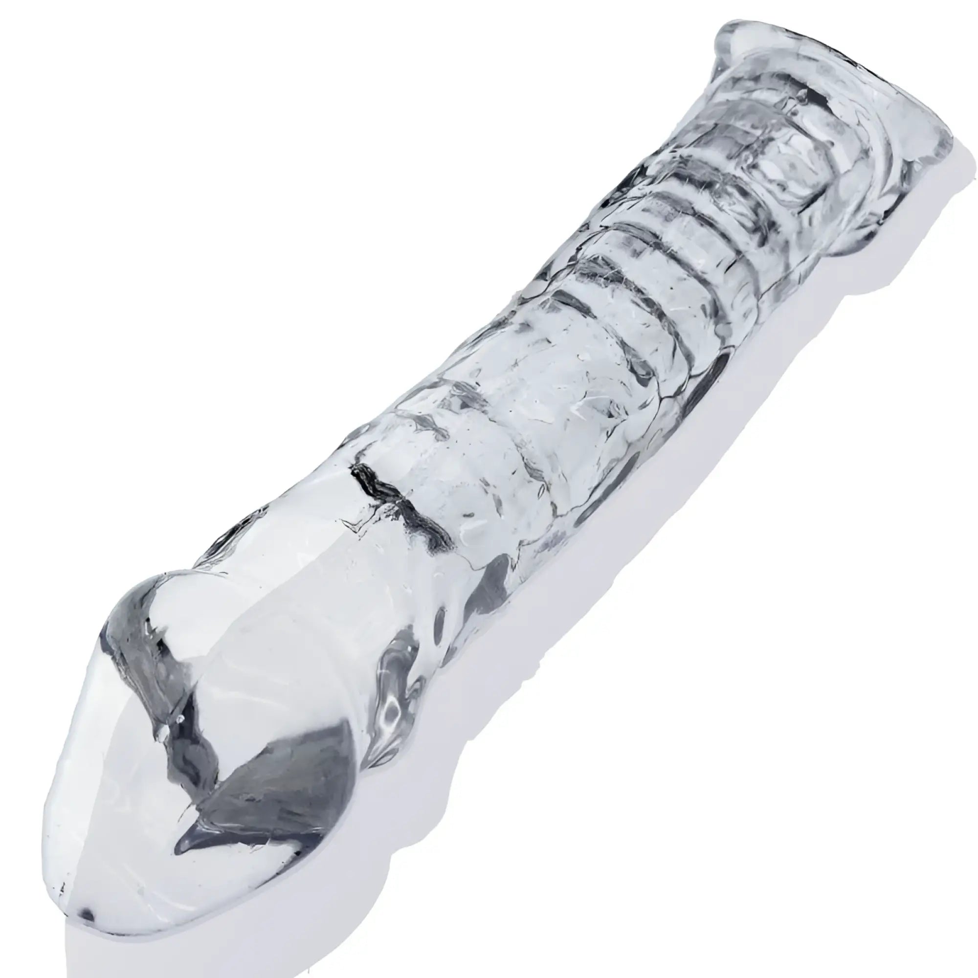 Clear transparent silicone dildo with ribbed texture and tapered head by OxBalls muscle ripped cocksheath clear