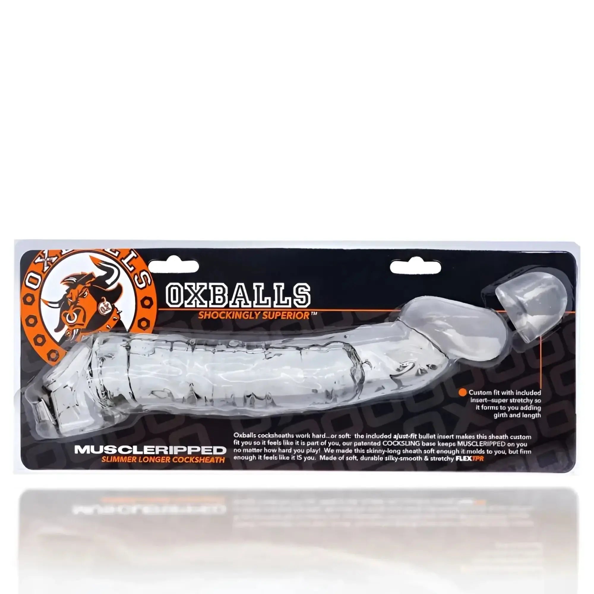 Clear transparent silicone OxBalls Muscle Ripped cocksheath with textured surface and adjustable insert.