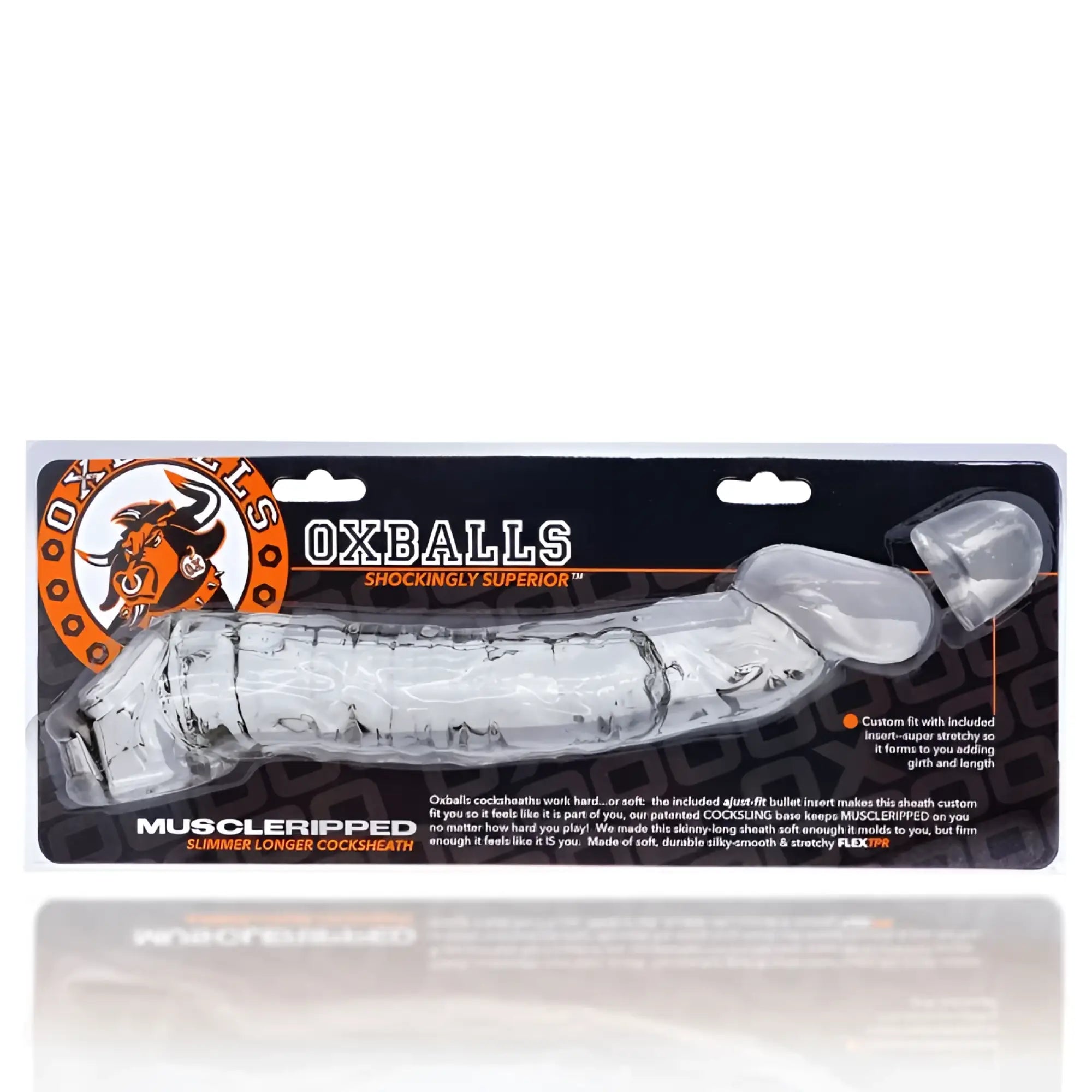 Clear transparent silicone OxBalls Muscle Ripped cocksheath with textured surface and adjustable insert shown from the back side