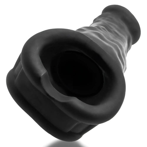 Black silicone anal plug with flared textured base and tapered neck from oxballs muscle ripped velvet-smooth night