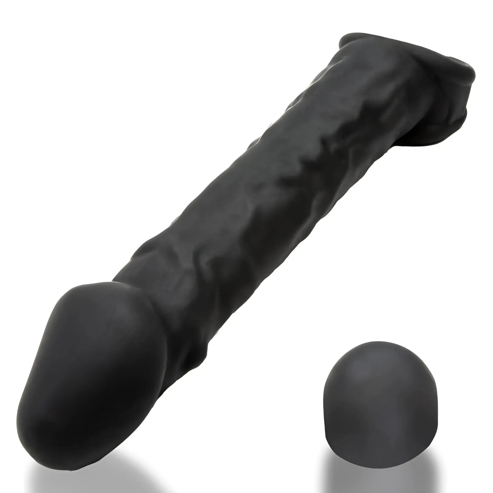Black silicone dildo with rounded head and textured shaft featuring a matching black spherical tip by OxBalls