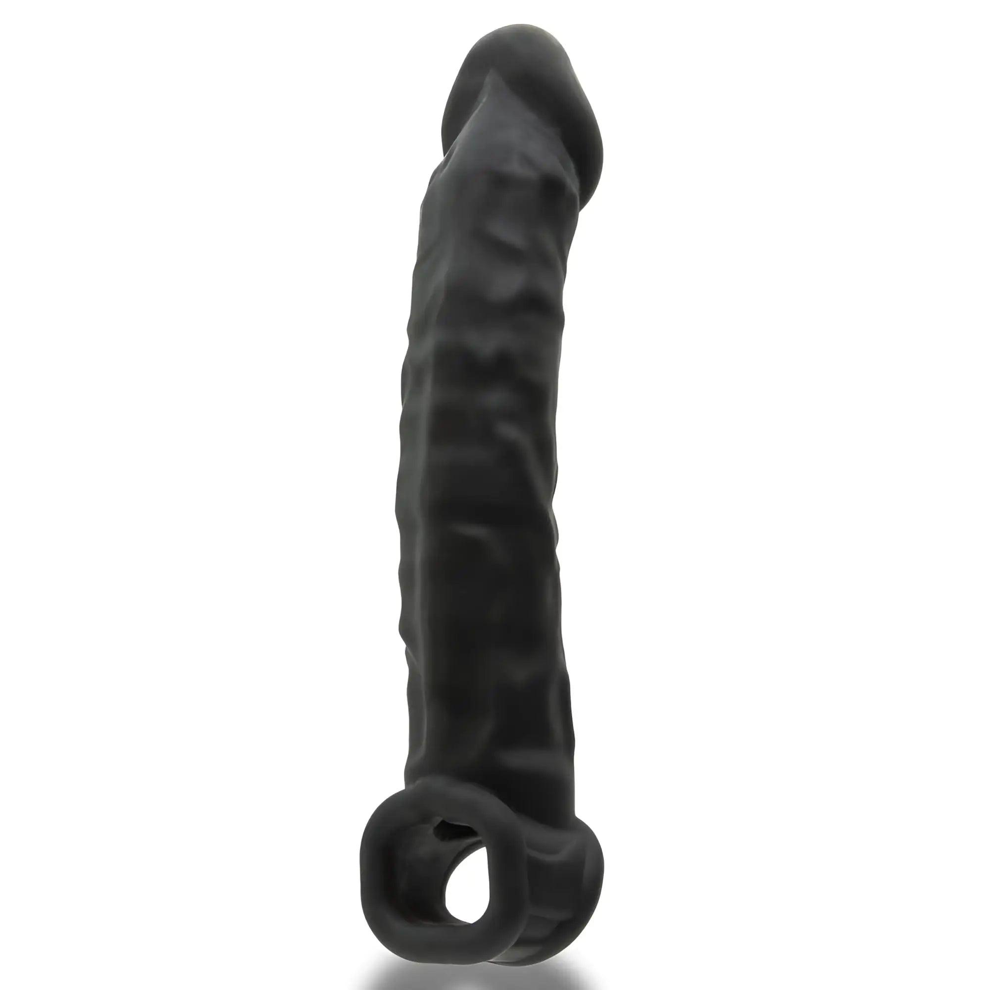 Black textured silicone cock ring with circular loop base oxballs muscle ripped inner ribbed velvet-smooth night