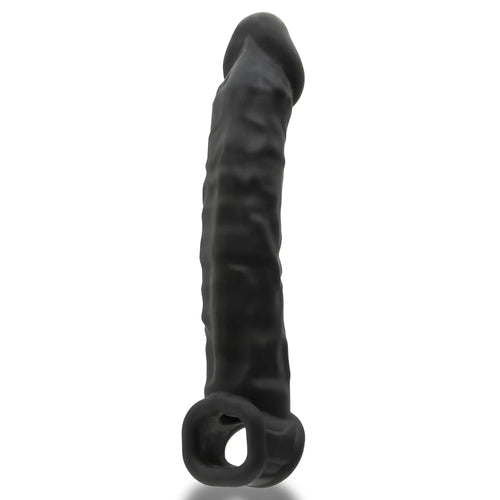 Black textured silicone cock ring with circular loop base oxballs muscle ripped inner ribbed velvet-smooth night
