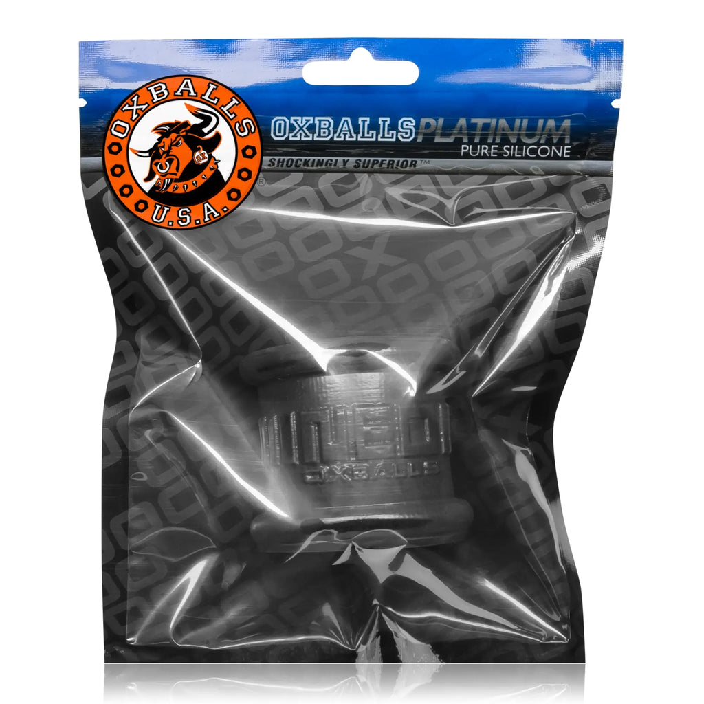 Clear translucent silicone cock ring with embossed branding for oxballs neo tall ballstretcher black product