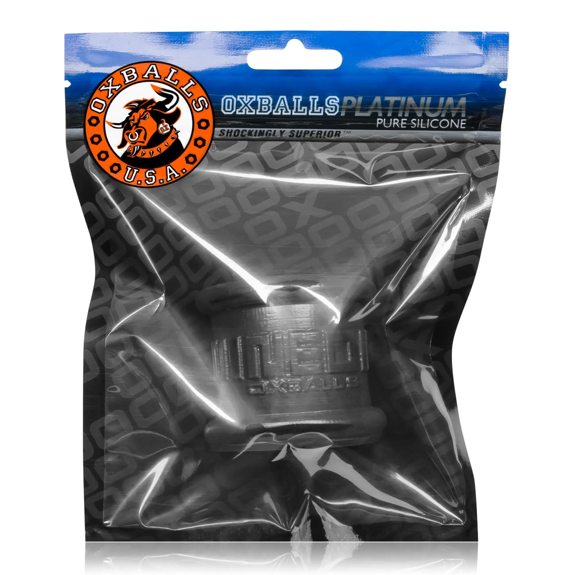 Clear translucent silicone cock ring with embossed branding for oxballs neo tall ballstretcher black product