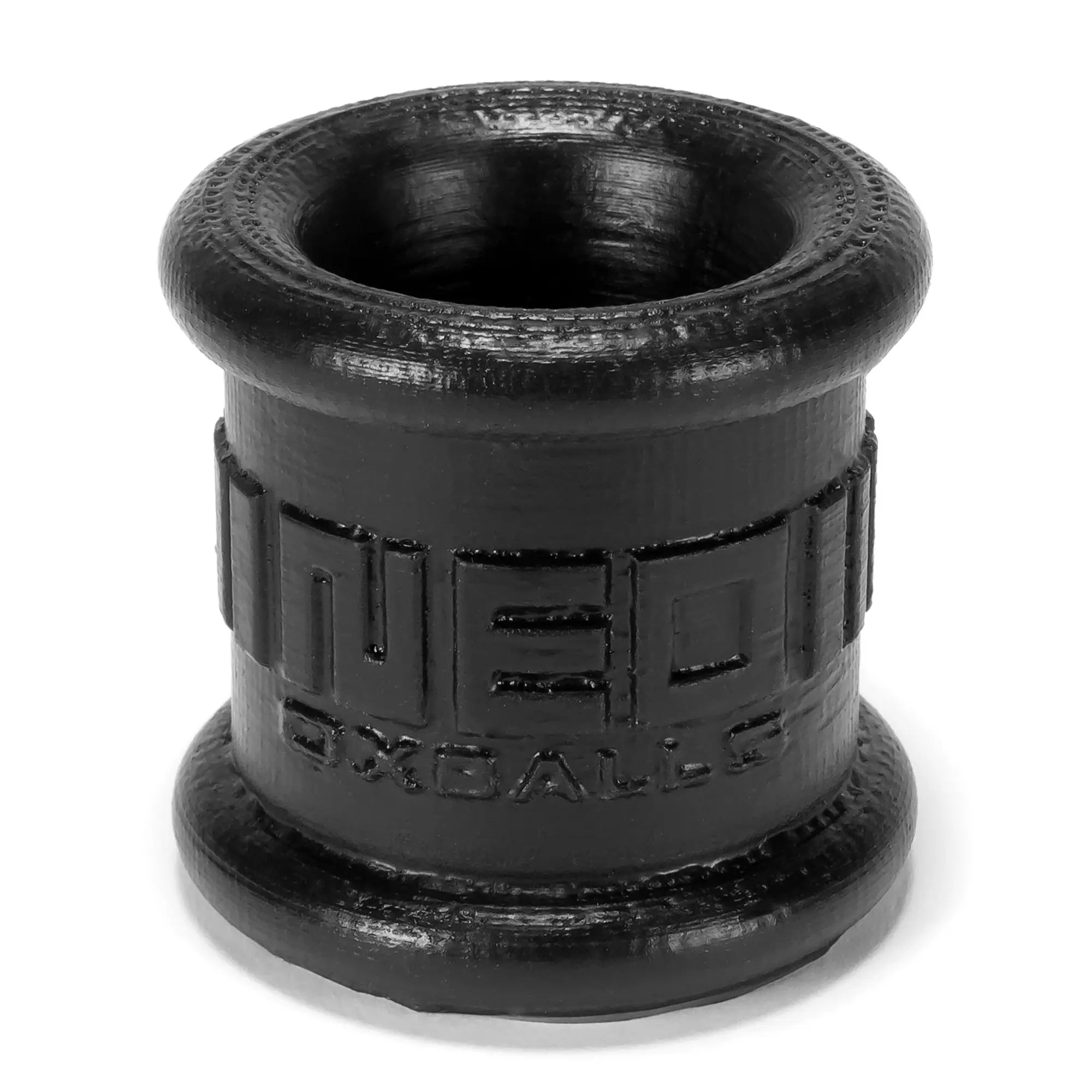 Black rubber cylindrical ballstretcher embossed with neo exballs branding oxballs neo tall ballstretcher black