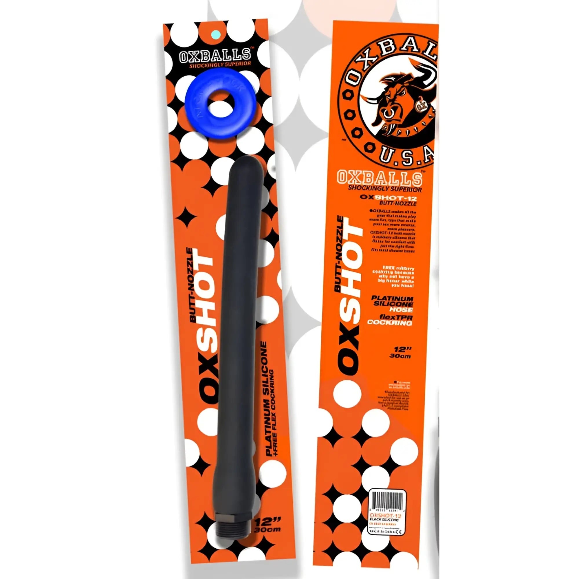 OxBalls Oxshot butt nozzle with blue silicone ring made of platinum silicone and extra coating for 12in shower hose
