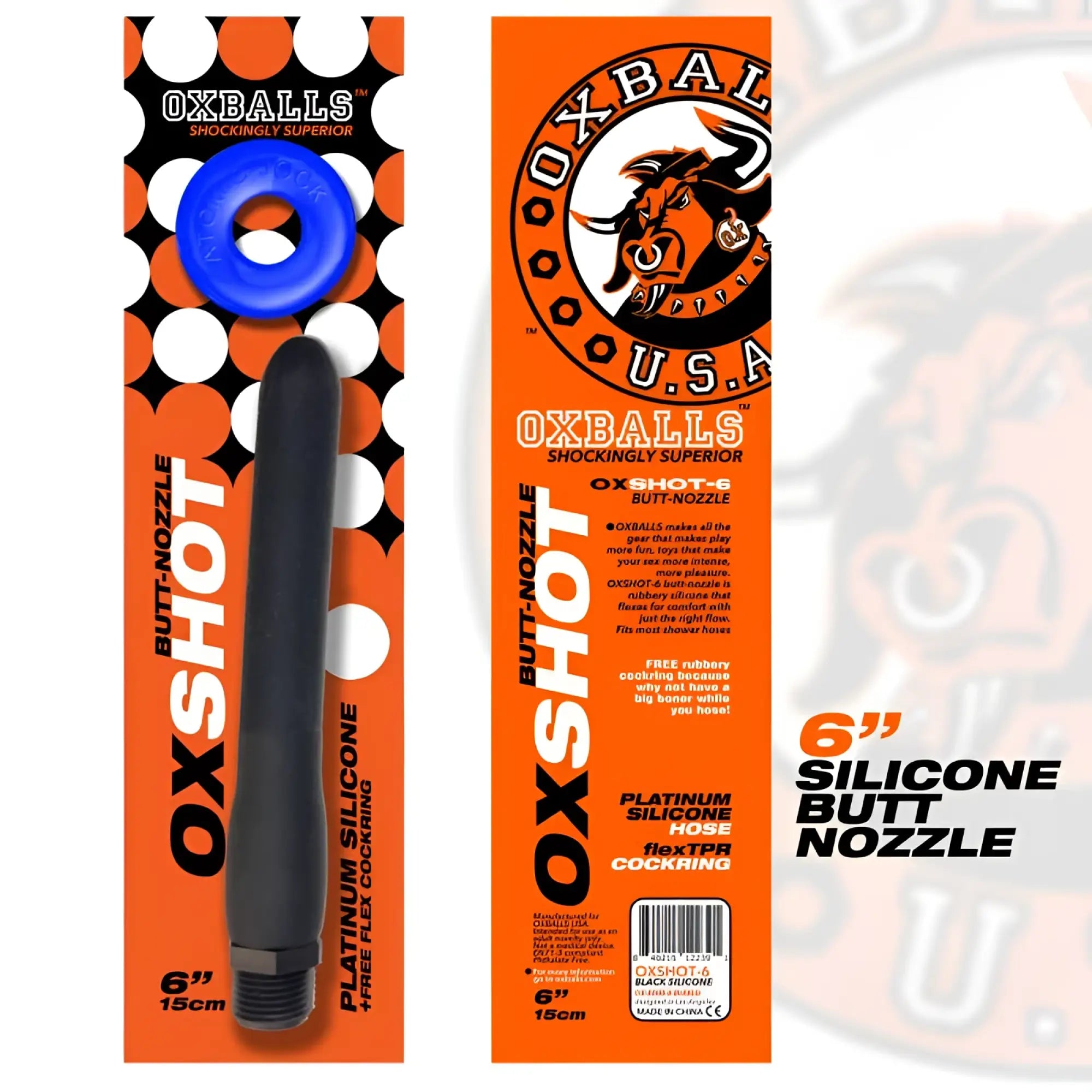 Black 6-inch silicone oxballs oxshot butt nozzle with blue ring and orange packaging for shower hose use