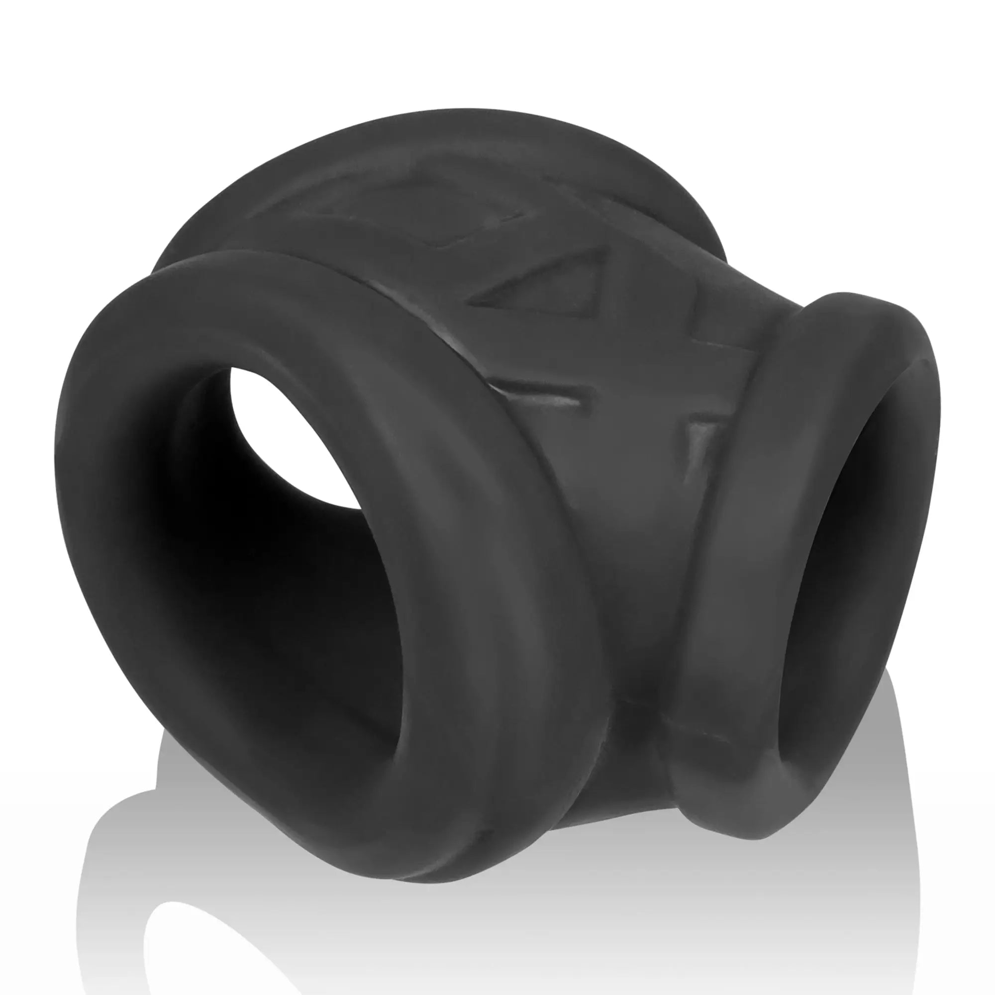 Black silicone OxBalls Oxsling cocksling anal dilator with textured cross-shaped design on surface