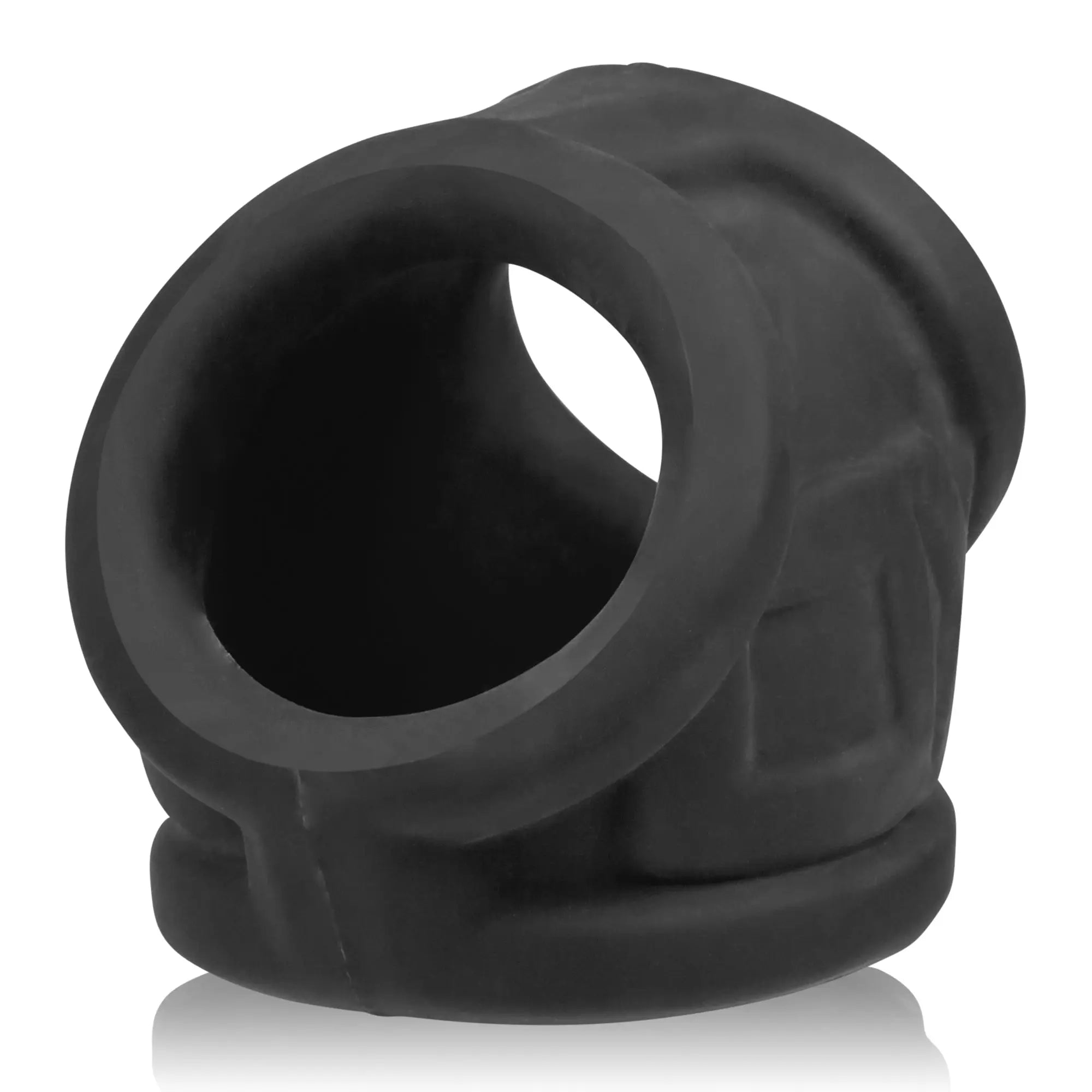 Black silicone OxBalls Oxsling cocksling with textured ribbed design and central opening for secure fit