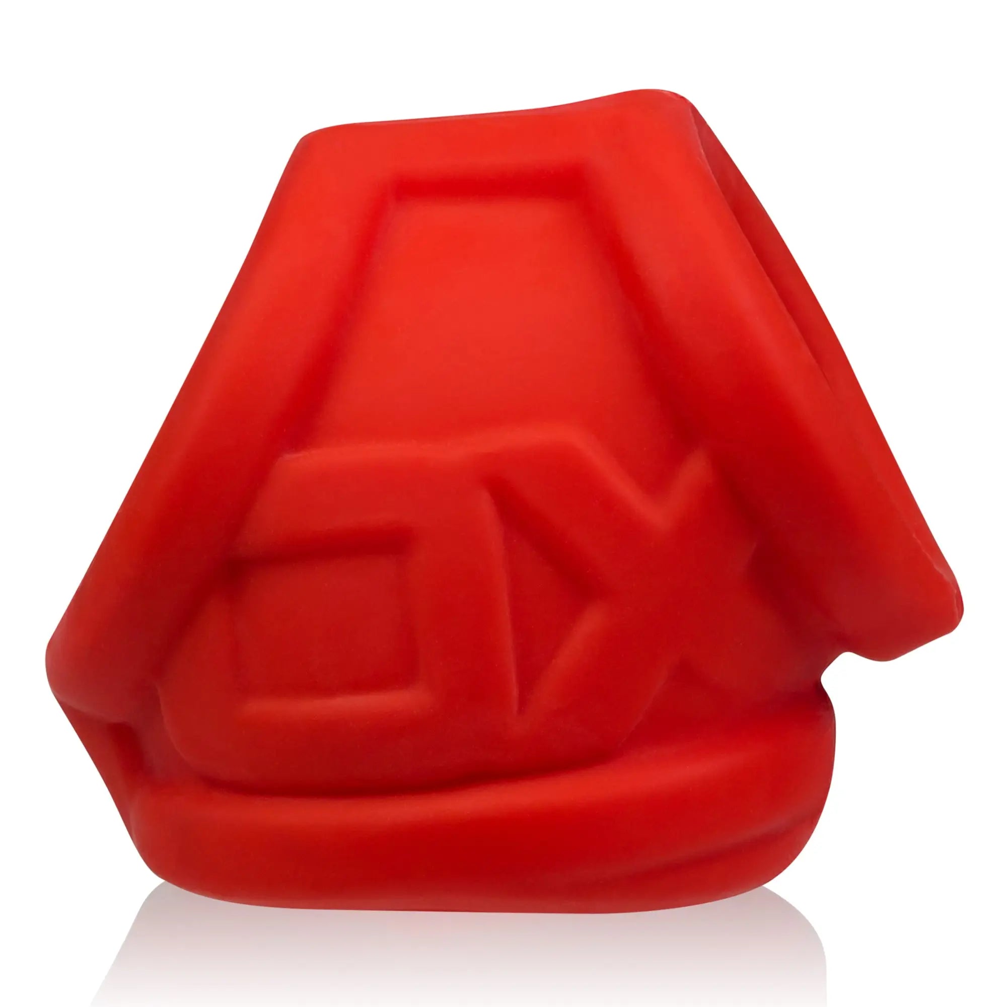 Red silicone oxsling cocksling shaped like a house with embossed dx logo from oxballs in red ice color