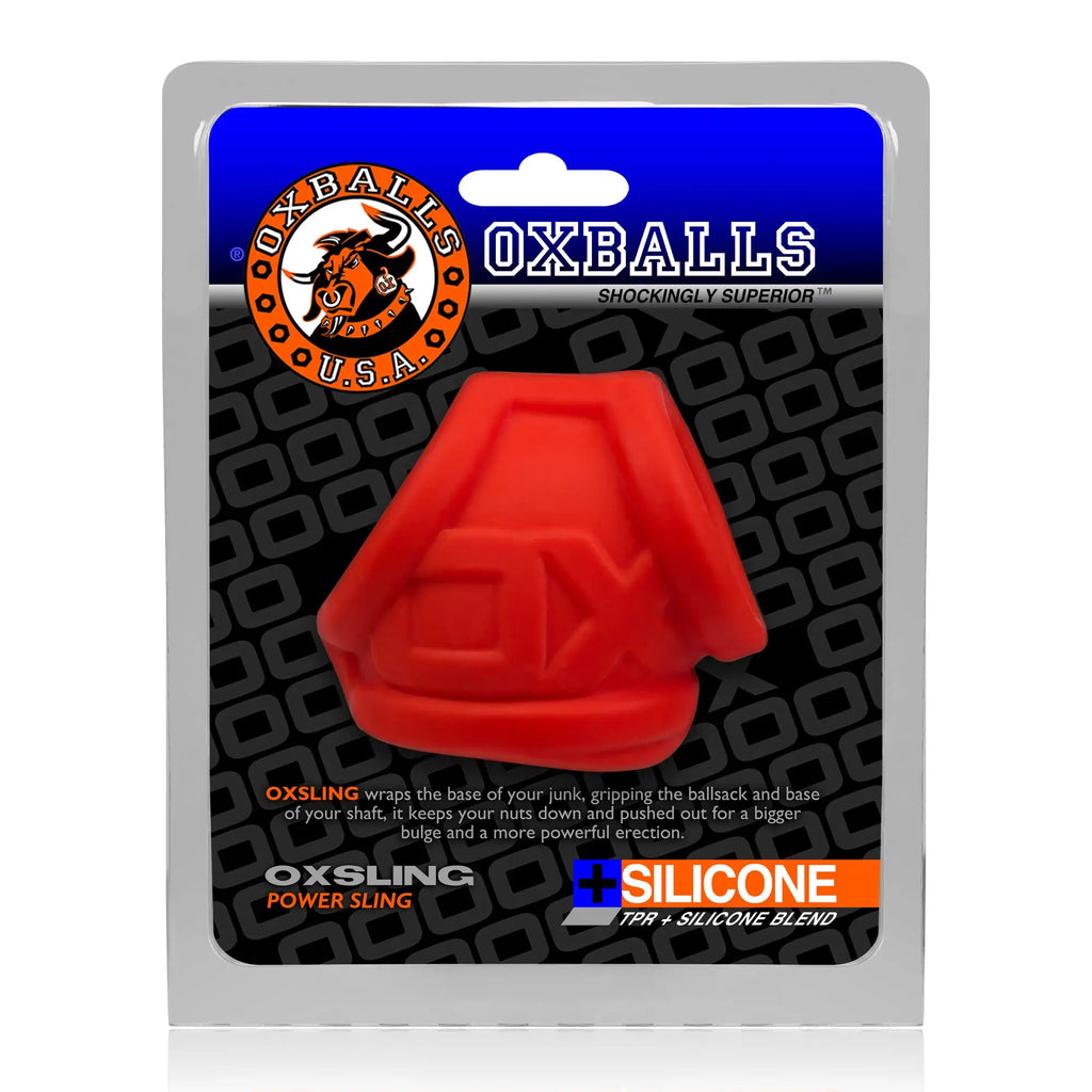 Red silicone oxsling power sling in branded packaging by oxballs for supportive cocksling use