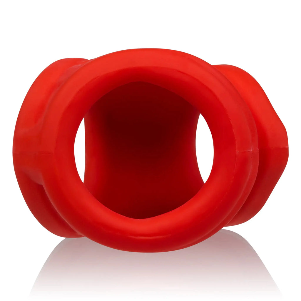 Red OxBalls Oxsling cocksling silicone ring with textured ridged exterior and open center for secure fit and comfort