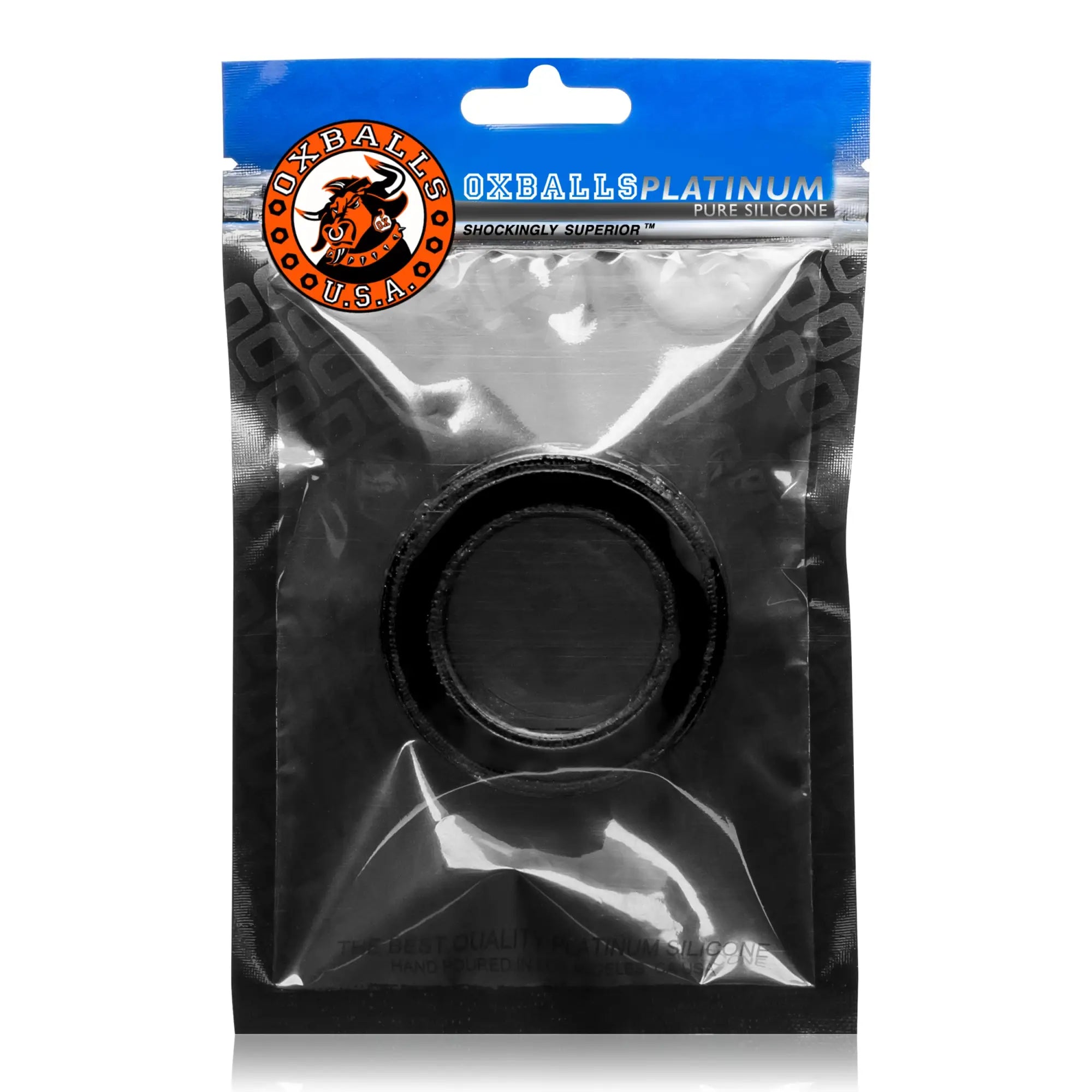 Black oxballs platinum pure silicone cockring in clear plastic package for enhanced durability and comfort