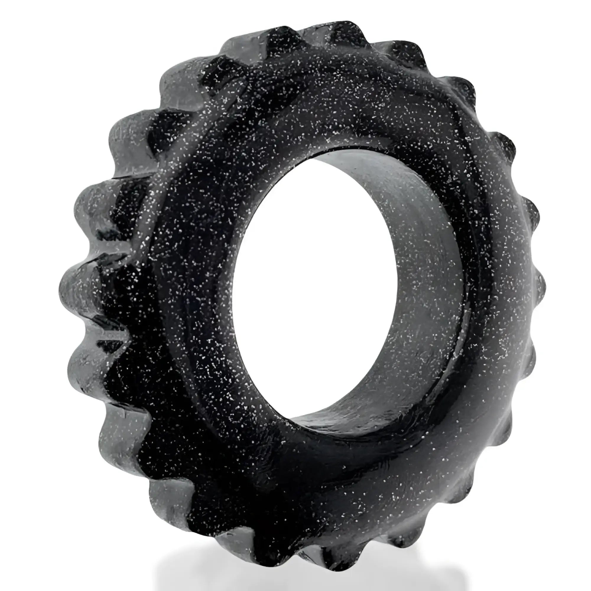 OxBalls Plushy Ring black one size made of black speckled silicone with gear like textured outer edge