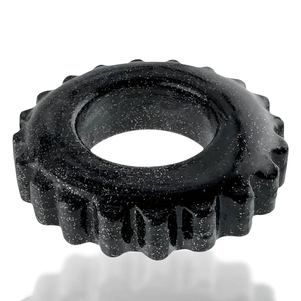 OxBalls Plushy ring black one size with textured gear-like ridged outer edge and speckled surface