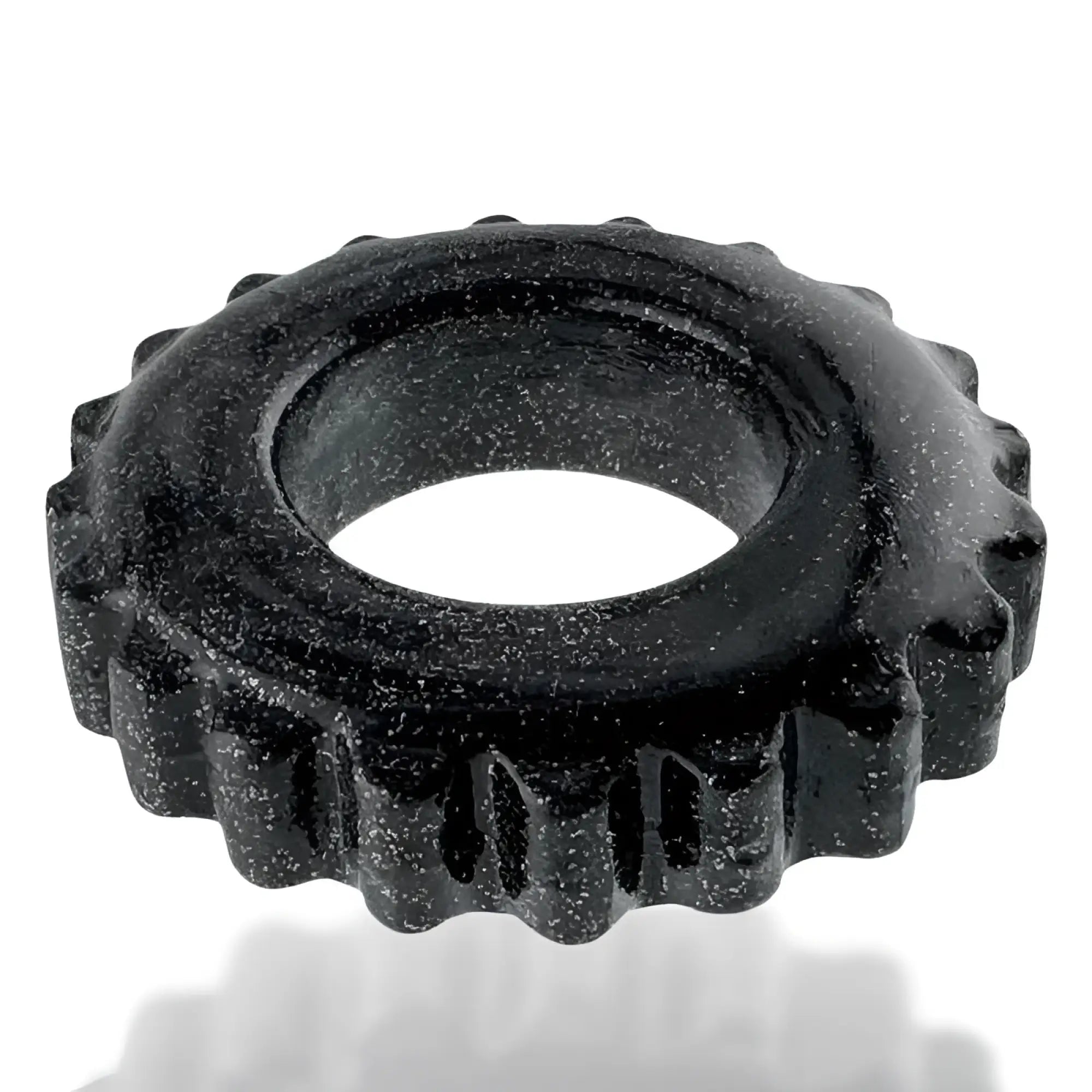 OxBalls Plushy ring black one size with textured gear-like ridged outer edge and speckled surface