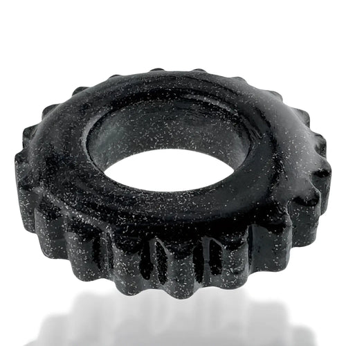 OxBalls Plushy ring black one size with textured gear-like ridged outer edge and speckled surface
