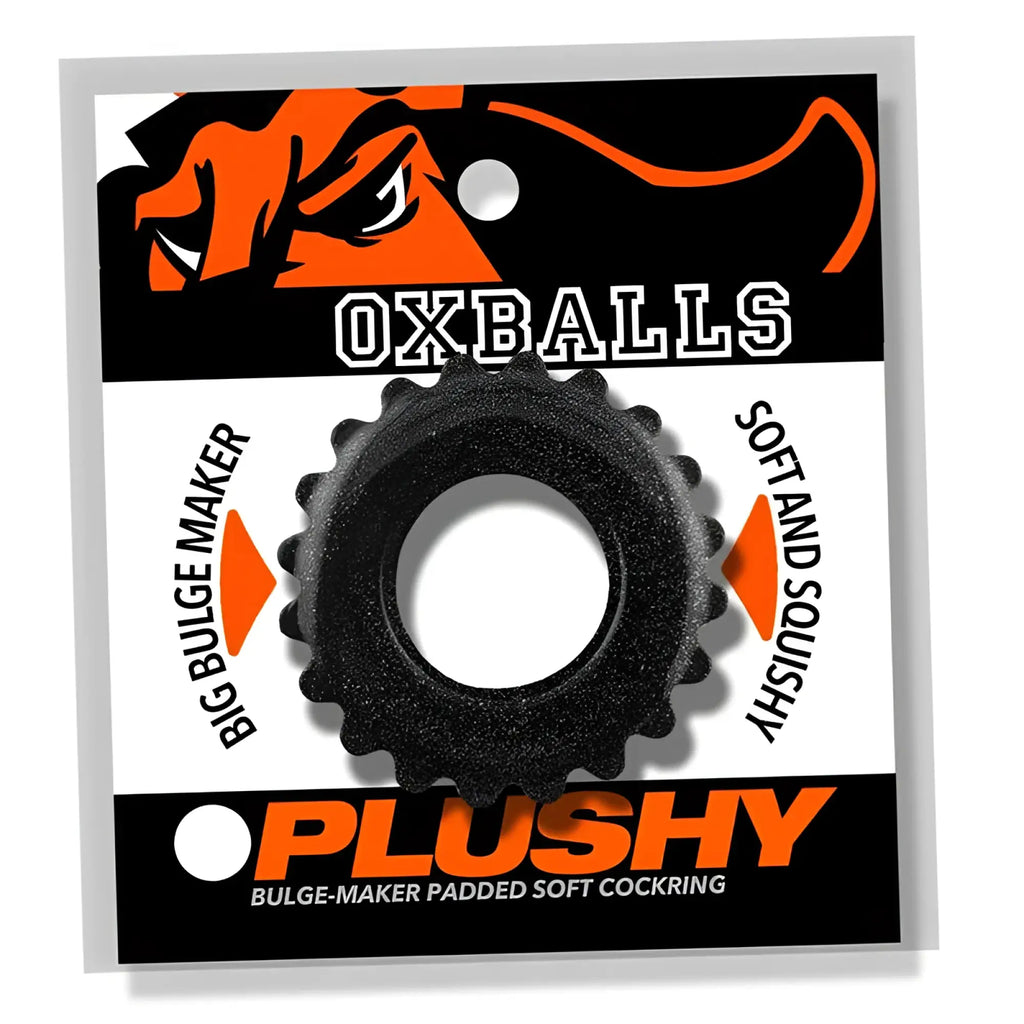 Black textured gear-shaped oxballs plushy ring cockring with soft squishy design one size for bulge enhancement