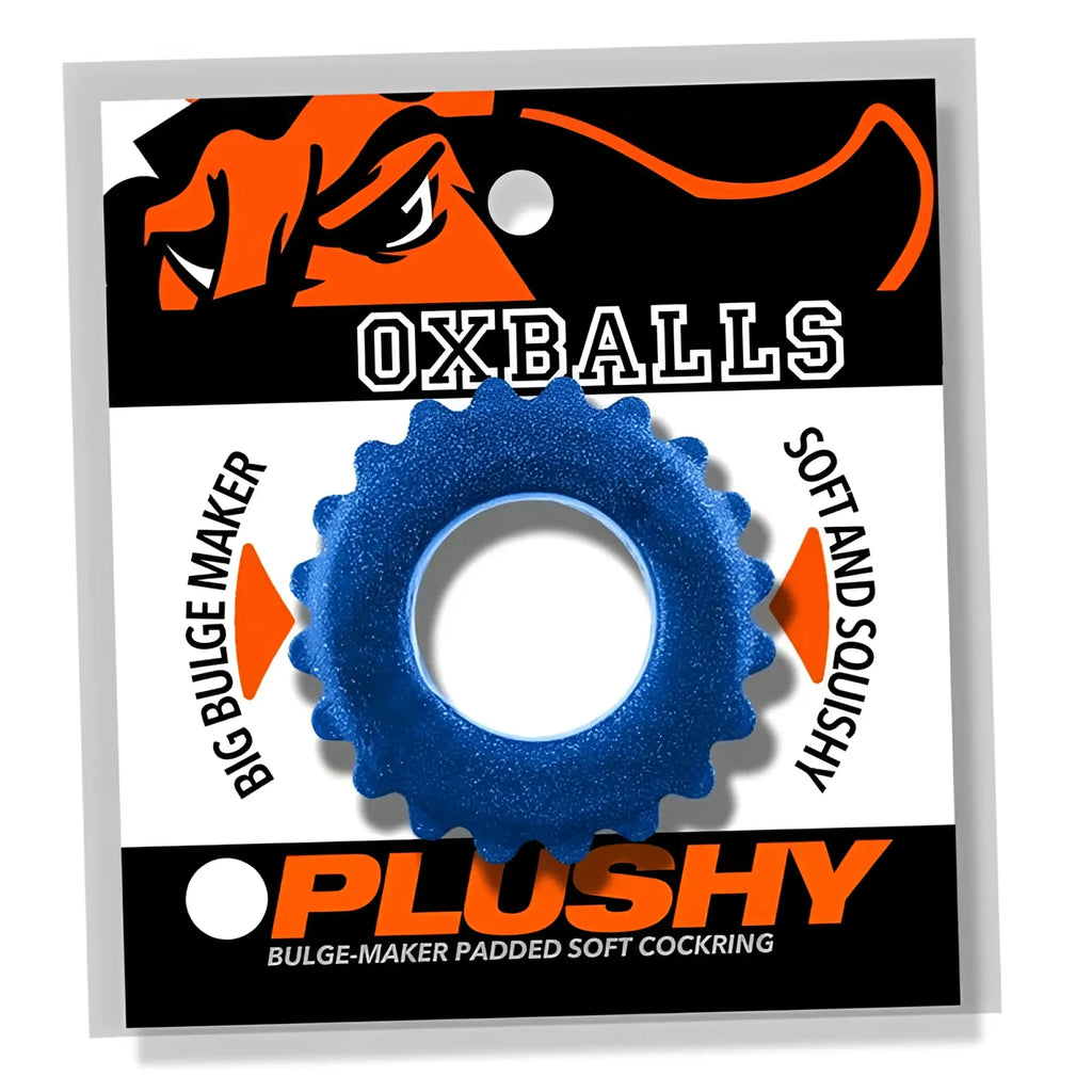 Blue glittery oxballs plushy ring one size with gear-like design cockring for bulge enhancement