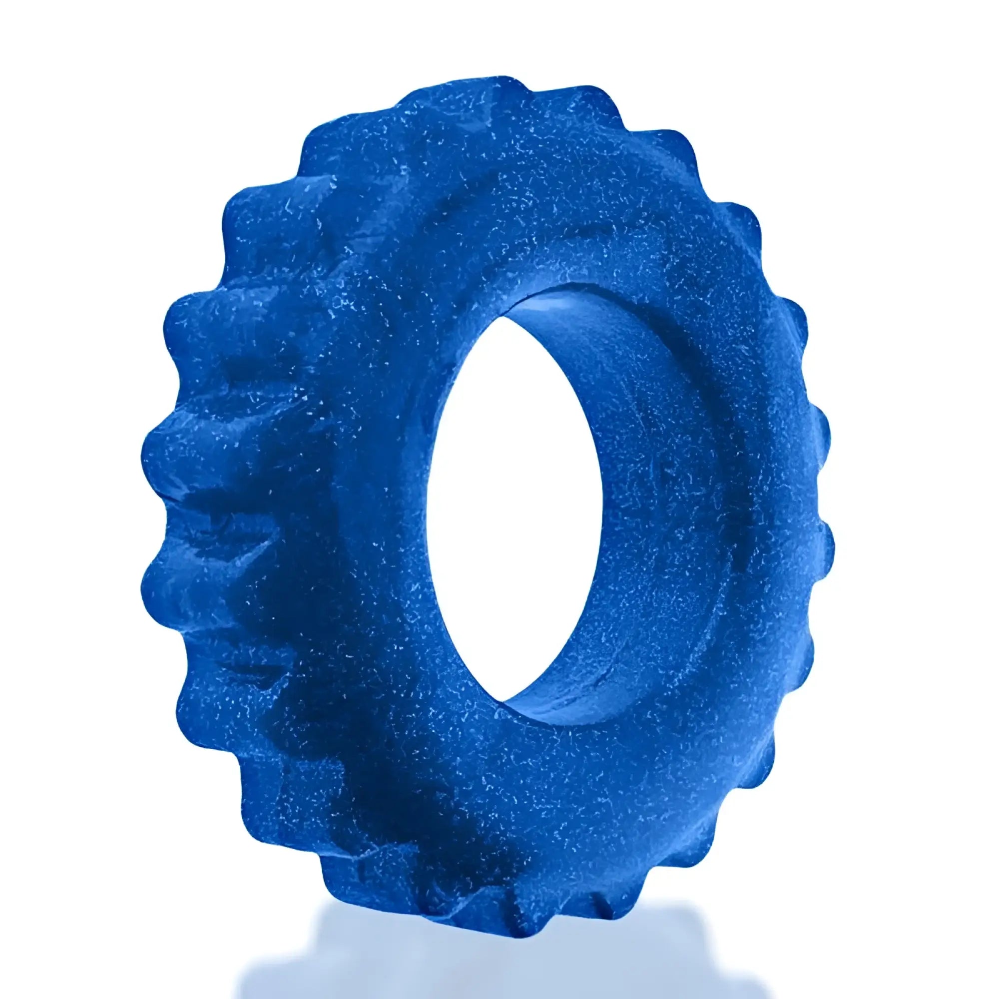 Blue textured rubber plushy ring with gear-like outer edge by oxballs one size for comfortable wear