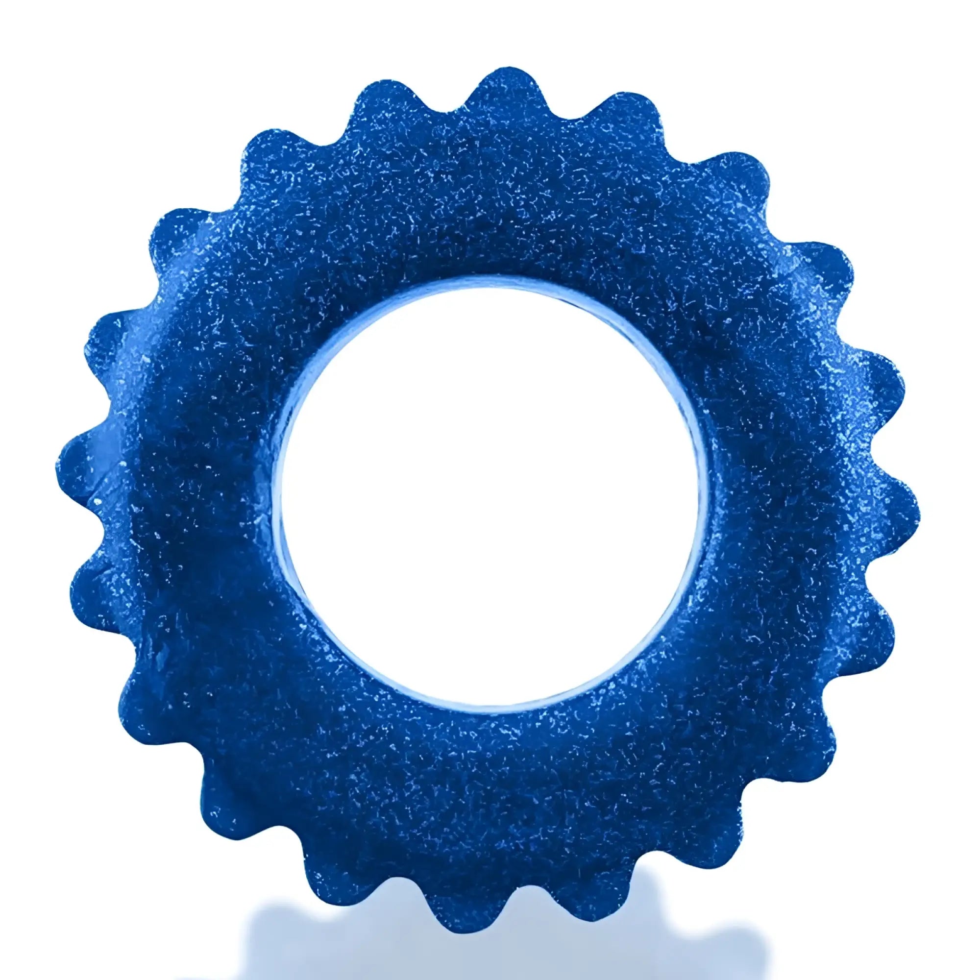 A vibrant blue glittery oxballs plushy ring with a serrated edge and central hole in one size