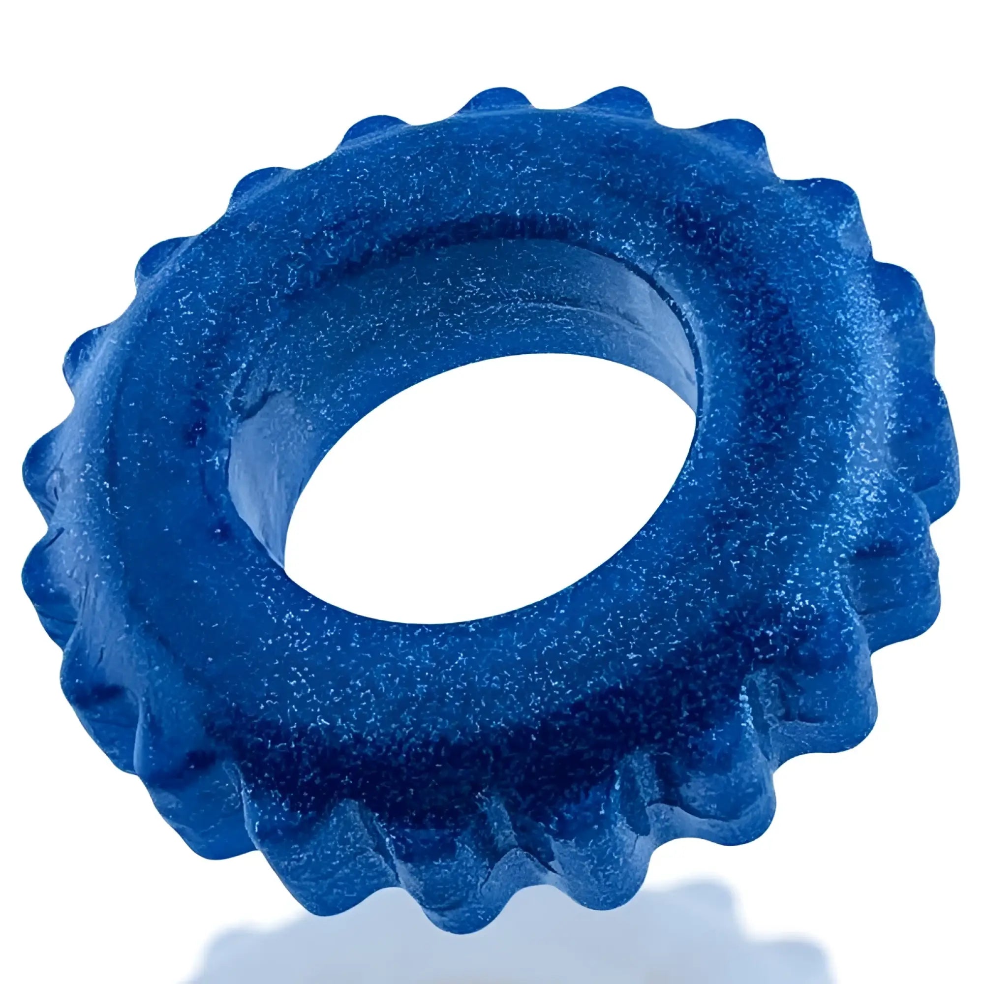 A vibrant blue OxBalls Plushy Ring with a textured serrated edge and smooth inner bore in one size