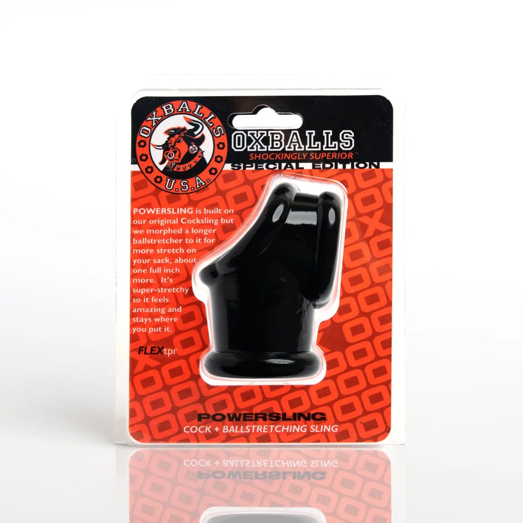 Black oxballs powersling cocksling and ballstretcher in original packaging made of stretchy silicone for comfort
