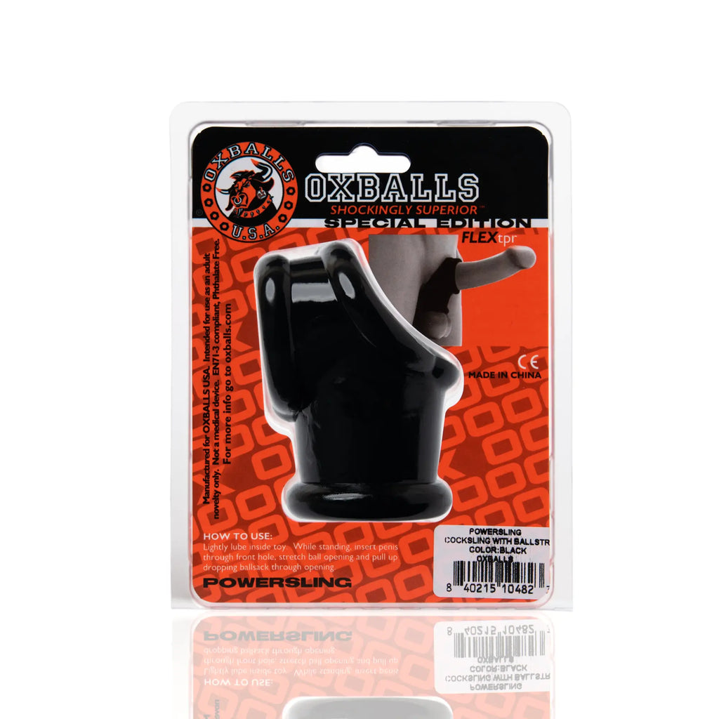 Black oxballs powersling cocksling and ballstretcher with ball strap packaged in blister pack for secure use
