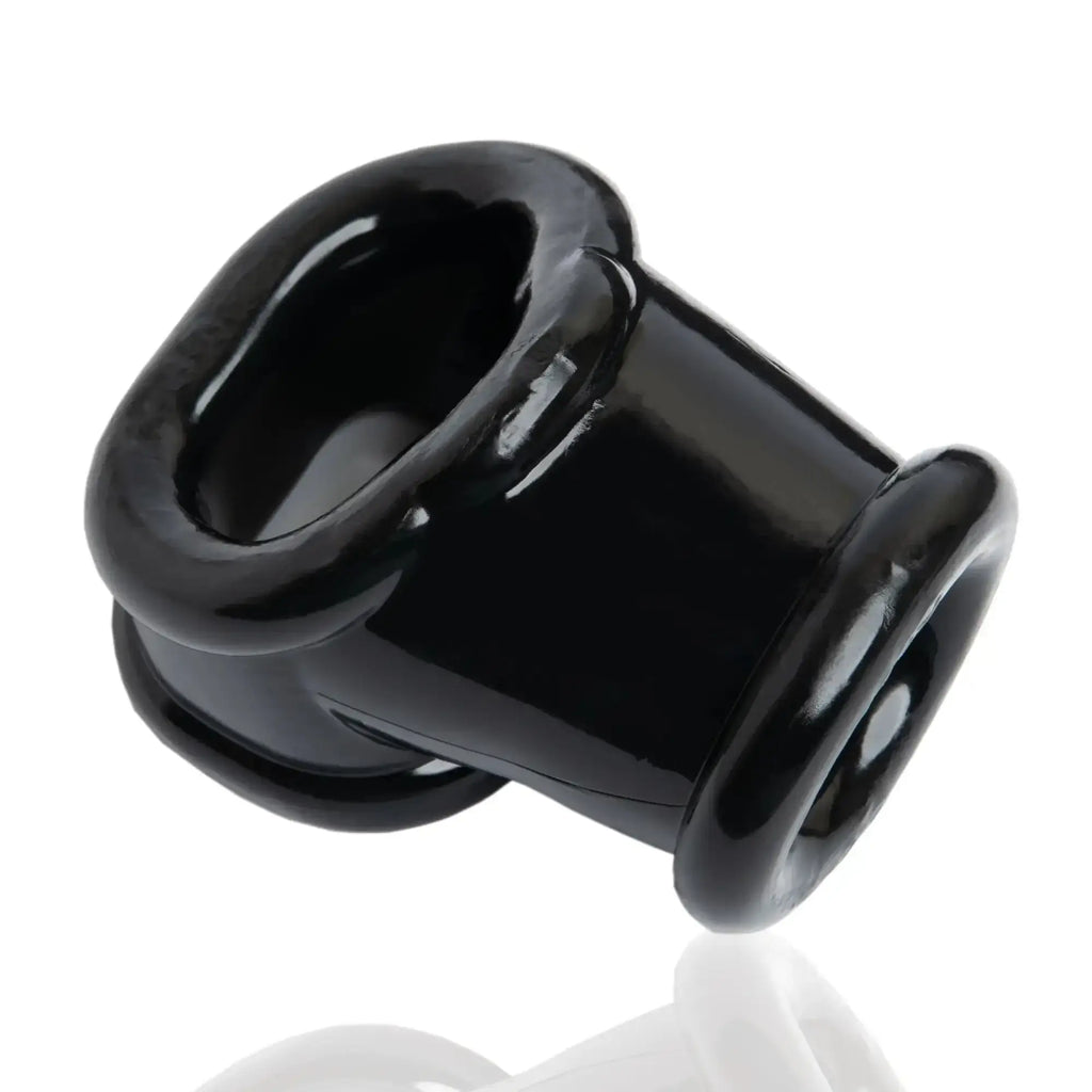 Black glossy silicone oxballs powersling cocksling and ballstretcher with smooth rounded design and two circular openings