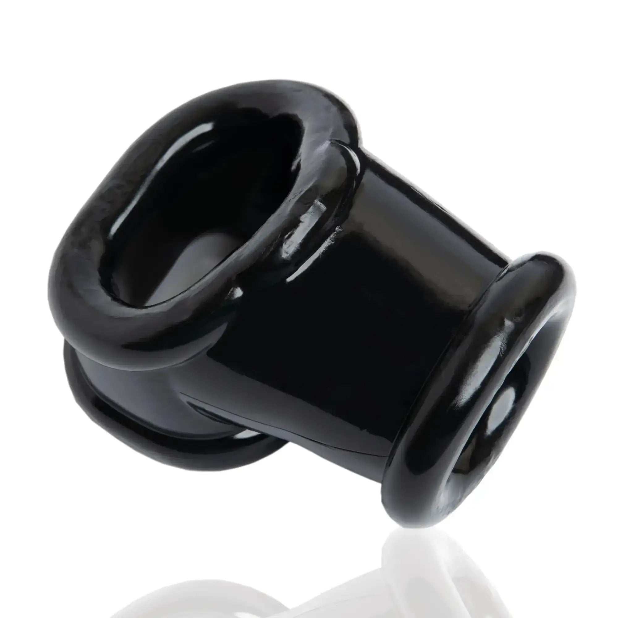Black glossy silicone oxballs powersling cocksling and ballstretcher with smooth rounded design and two circular openings