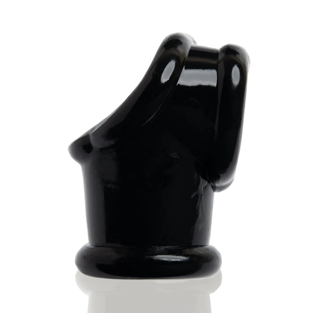 Black glossy silicone OxBalls Powersling cocksling and ballstretcher with curved design and two circular openings