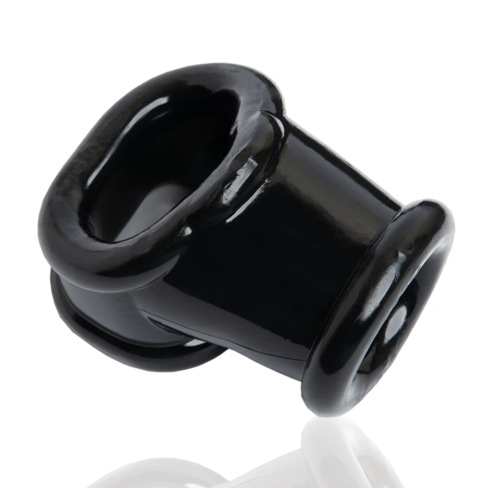 Black glossy silicone oxballs powersling cocksling and ballstretcher with smooth rounded design and two circular openings