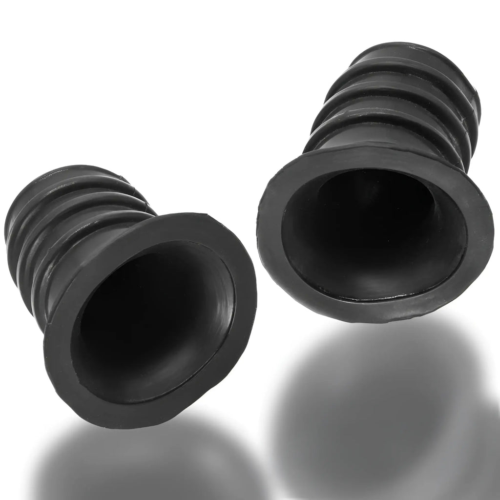 Black rubber ribbed hose adapters with flared ends from oxballs ribnibs curved springy-ribbed nip suckers night