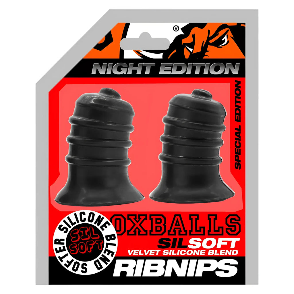 Black silicone rib balls with a textured segmented design from oxballs ribnibs curved springy-ribbed nip suckers night