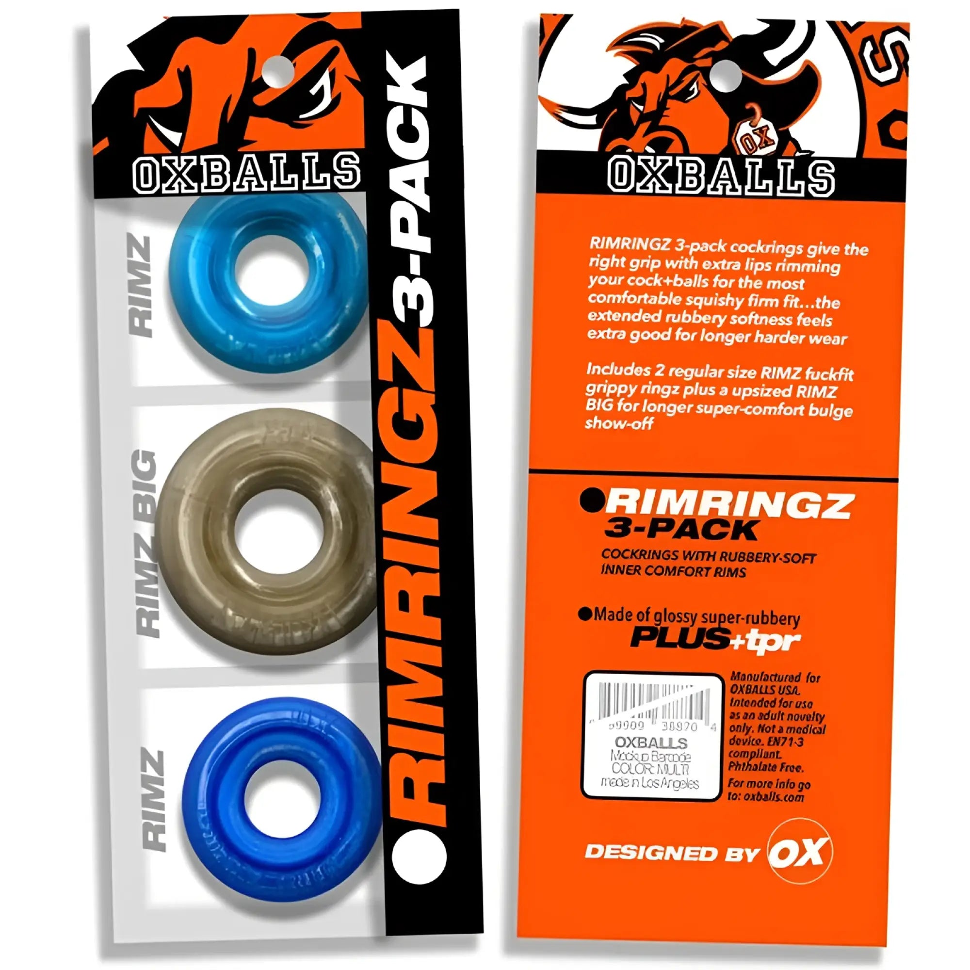 Set of three oxballs rimringz cockrings in blue and tan glossy super-rubber with extra lips for grip
