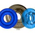 Set of three translucent blue and metallic gold silicone oxballs rimringz rings in multi size one size