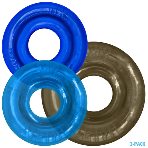 Three translucent blue and opaque brown silicone rings with embossed text from oxballs rimringz 3 pc multi size set