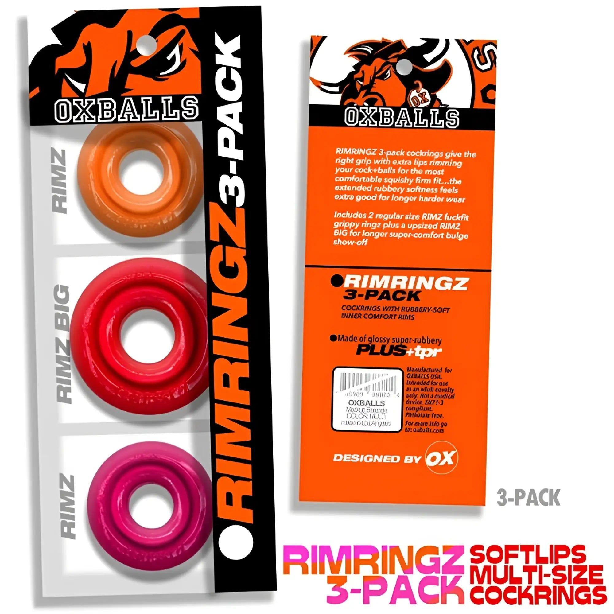 Oxballs rimringz 3 pc multi size fire hots one size glossy orange red and pink rubber cockrings in packaging