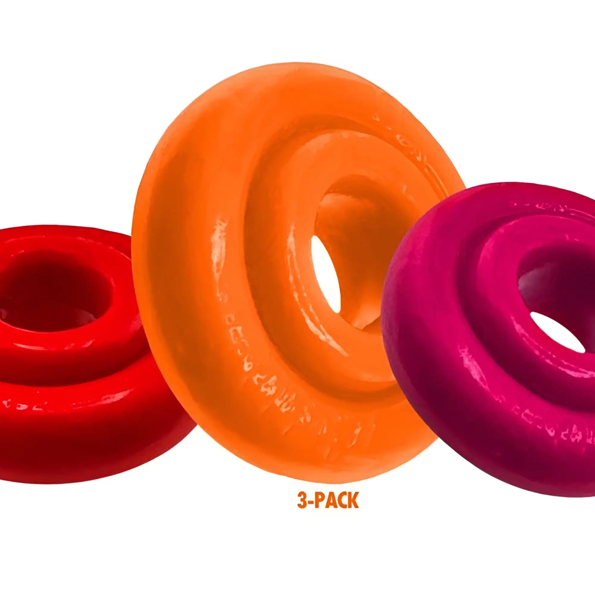 Vibrant glossy rubber donut-shaped hand grippers in red orange and magenta oxballs rimringz 3 pc multi size fire hots