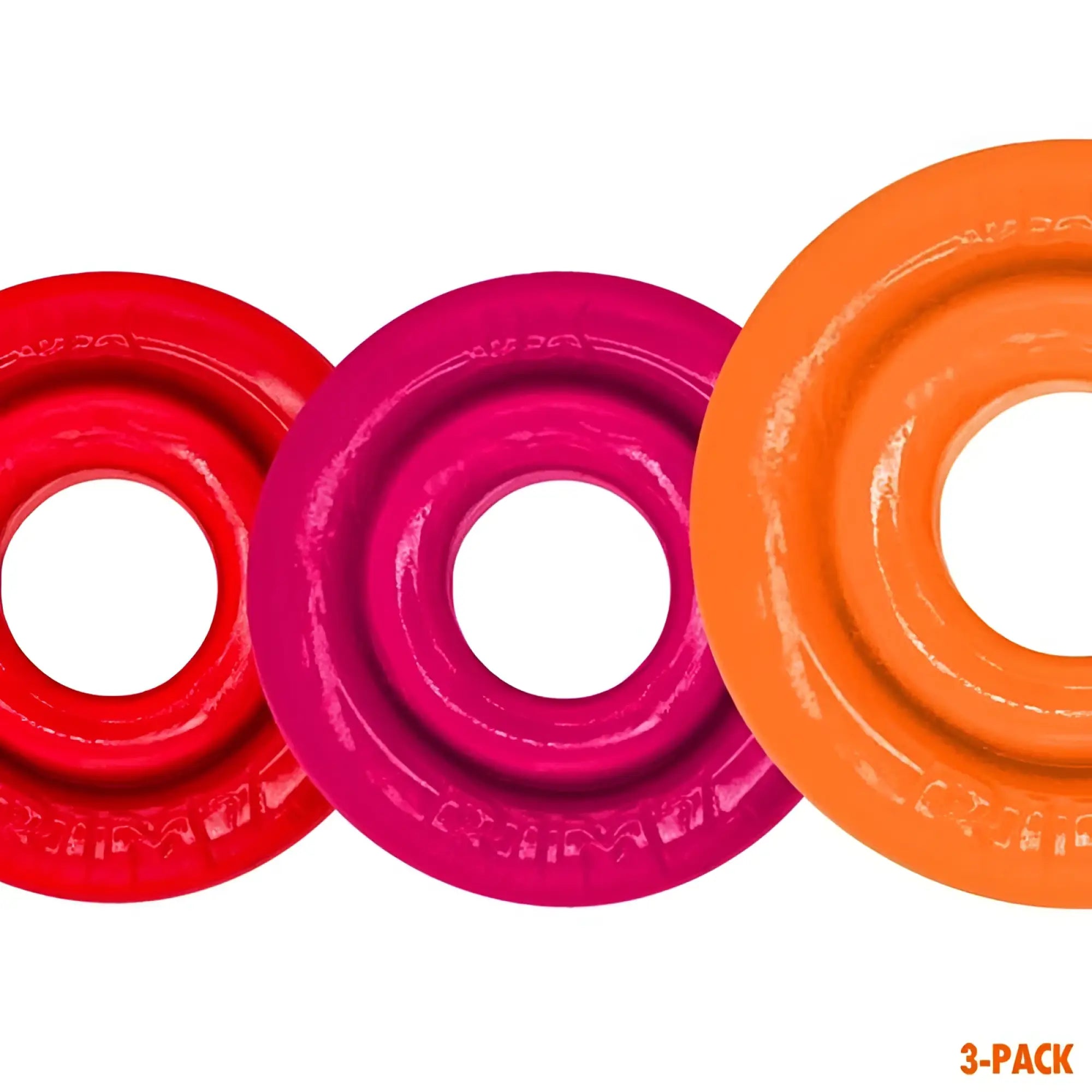 Oxballs rimringz 3 pc multi size fire hots silicone donut-shaped rings in vibrant red magenta and orange colors