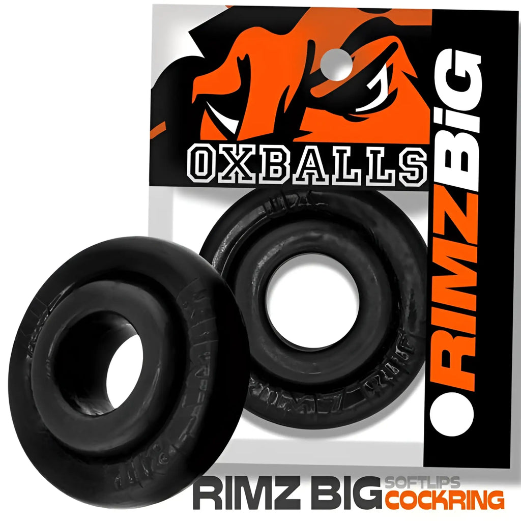 Black silicone cockring with textured outer edge and inner rim branded rimz big for enhanced sensation and fit