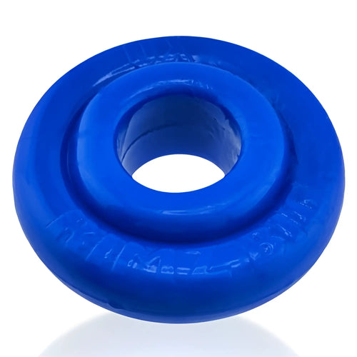 Bright blue circular silicone ring with central hole and embossed text oxballs rimz big ring blue one size