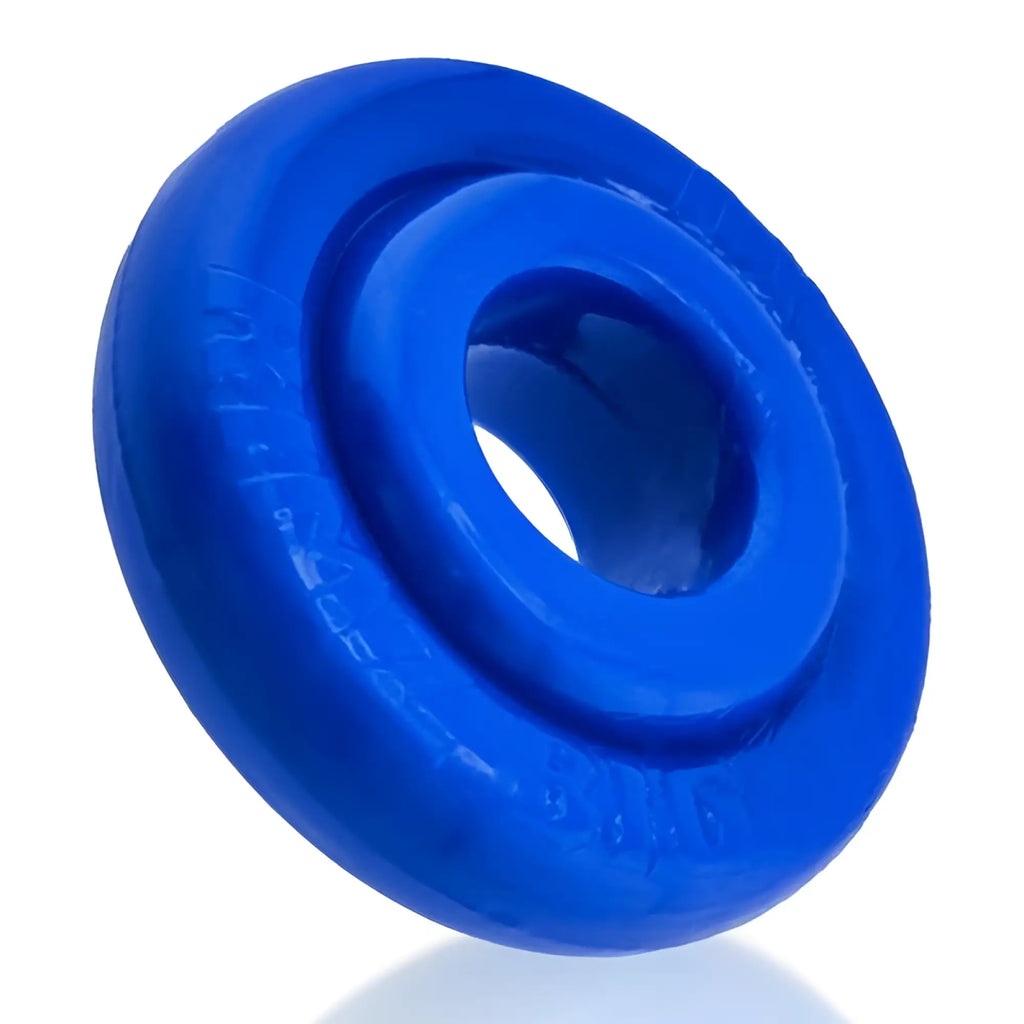 Bright blue glossy rubber ring with central hole and embossed text oxballs rimz big ring blue one size