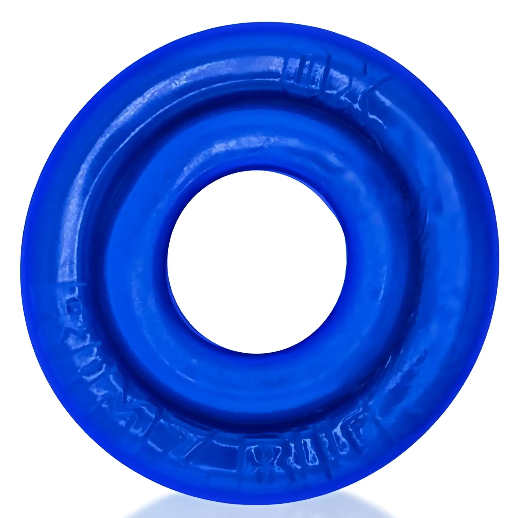 Bright blue glossy silicone OxBalls Rimz BIG Ring with embossed text around its circumference in one size