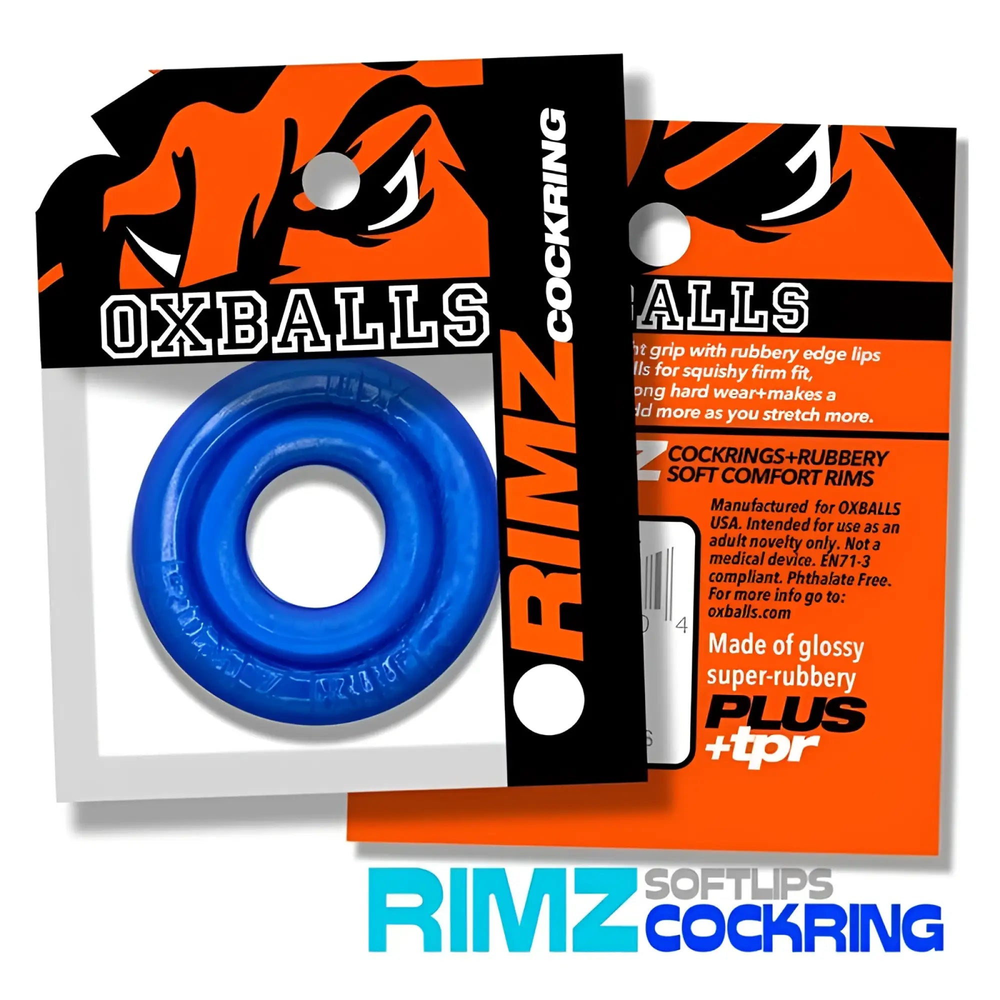Blue glossy super-rubbery oxballs rimz big cockring with soft lips in one size for enhanced comfort and fit